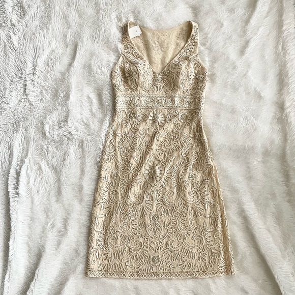 Sue Wong Lace Beaded Embroidered Cocktail Dress Sleeveless N3502 Ecru Wedding - Picture 3 of 13